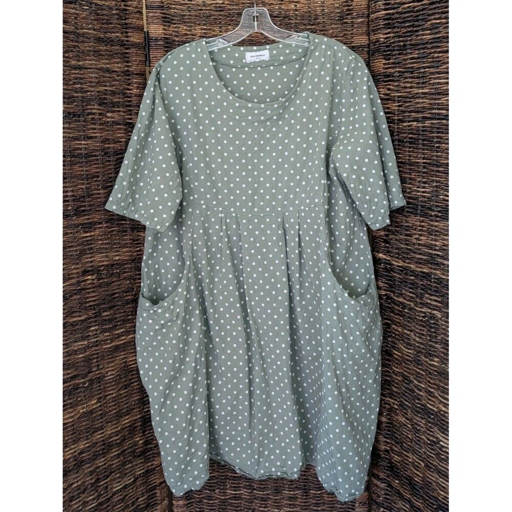 Nina Kendosa Paris Pacome Polka Dot Midi Dress XL Sage Green Shift Lagenlook